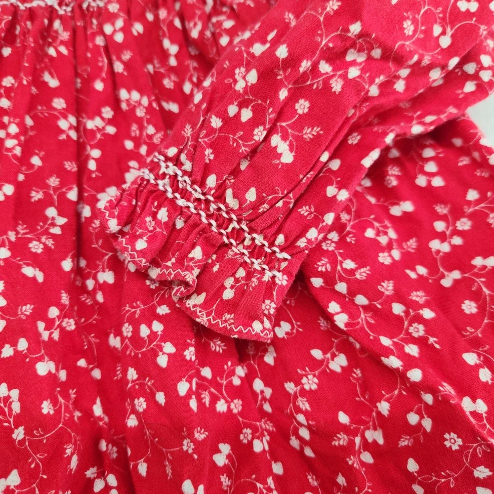 Vintage Handmade Red White Floral Smocked Dress Peter Pan Collar Toddler